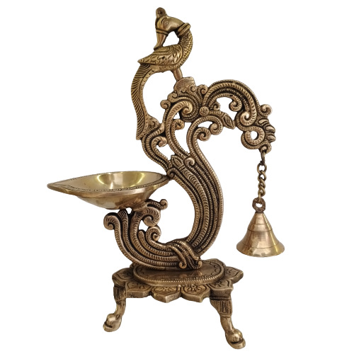 Brass-Diya-With-Lotus-Base-With-Bells-Home-Decor-Gifts-Pooja-Items-Diya-Coimbatore-India-Buy-Online-2090 Brass Diya with Lotus Base with Bells- 12" - Image 1