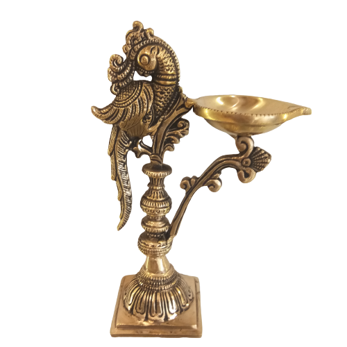 brass-designer-diya-parrot-home-decors-festives-pooja-god-idols-buy-online-india-2378 Brass Diya with peacock Handle- 7.8" - Image 1
