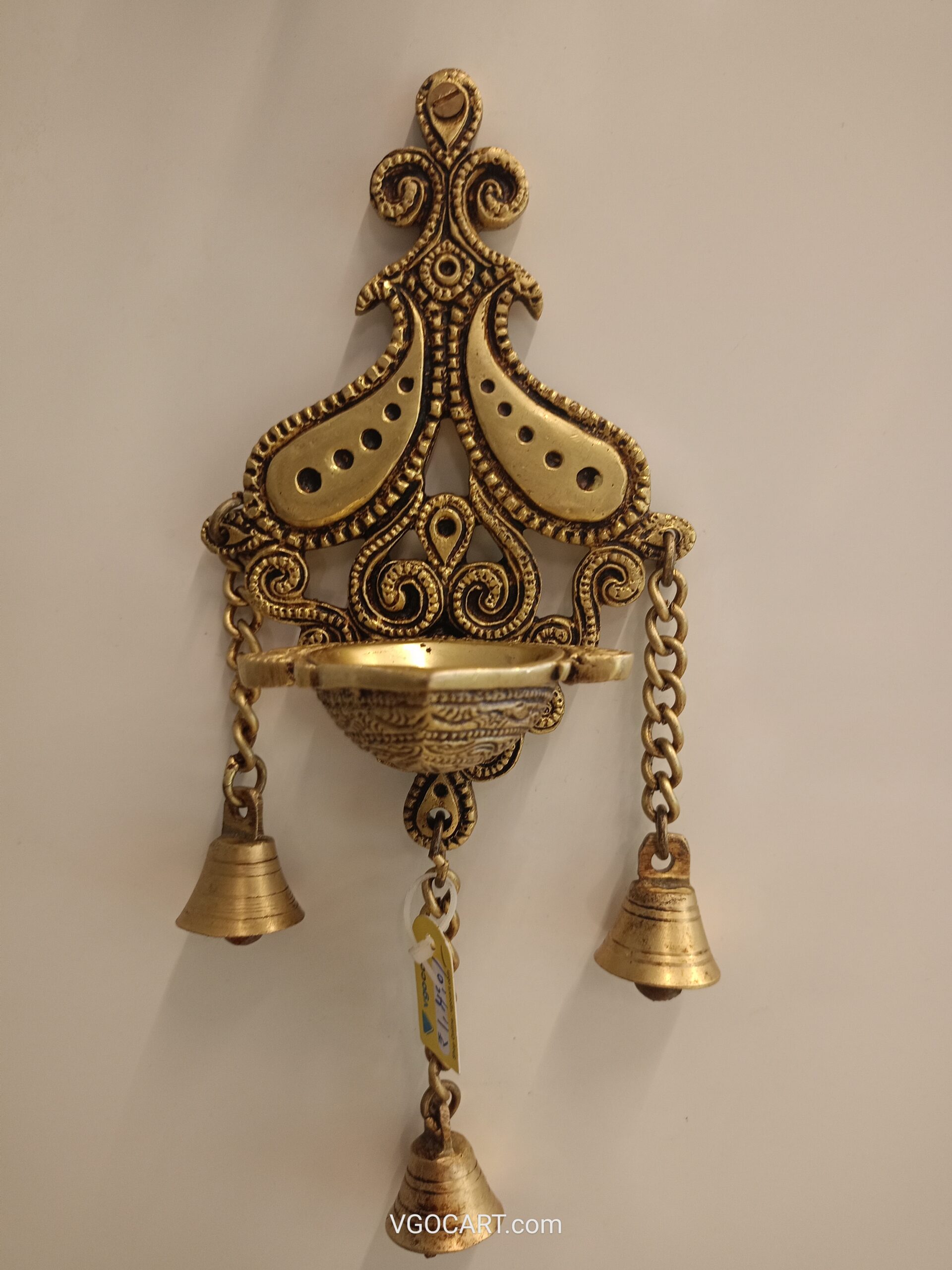 oplus_32 Brass Wall Mount Diya with Bell- 12" - Image 1