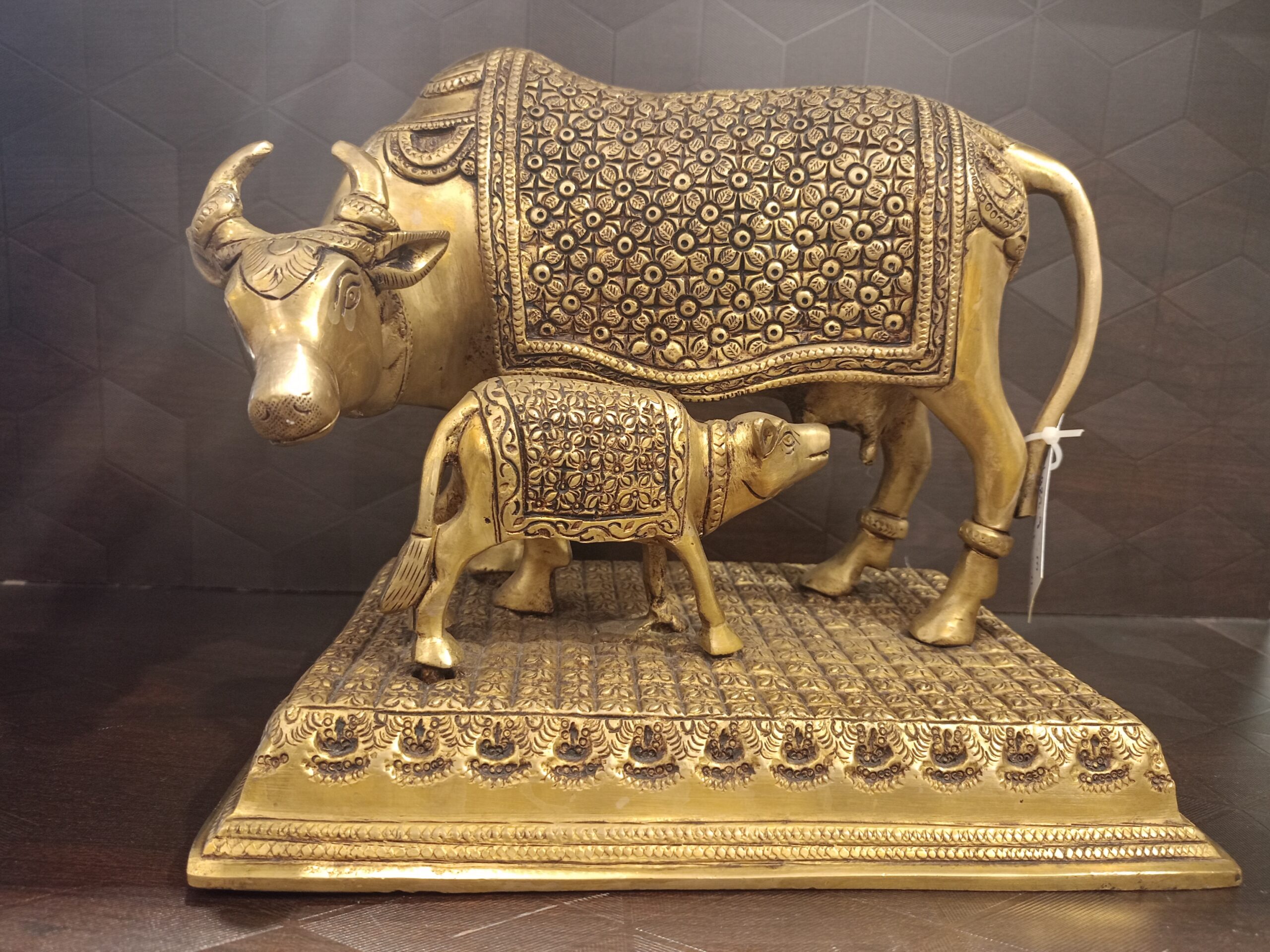 Brass Kamadhenu Cow Calf Idol- 8" 1 Brass Kamadhenu Cow Calf Idol- 8" - Image 1