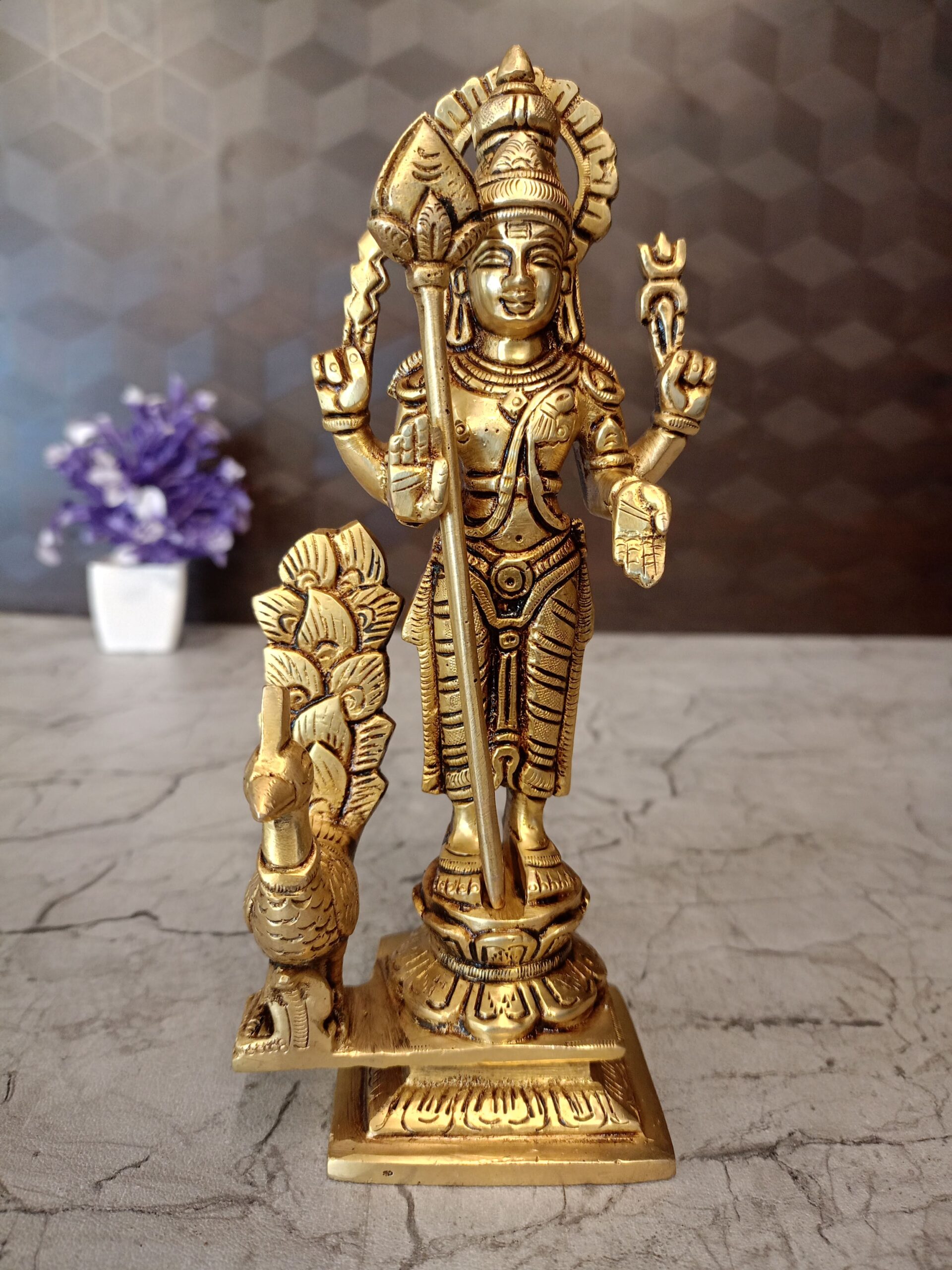 oplus_32 Brass Murugan Idol with peacock- 8" Superfine Brass Handicraft & Antique Statue - Image 1
