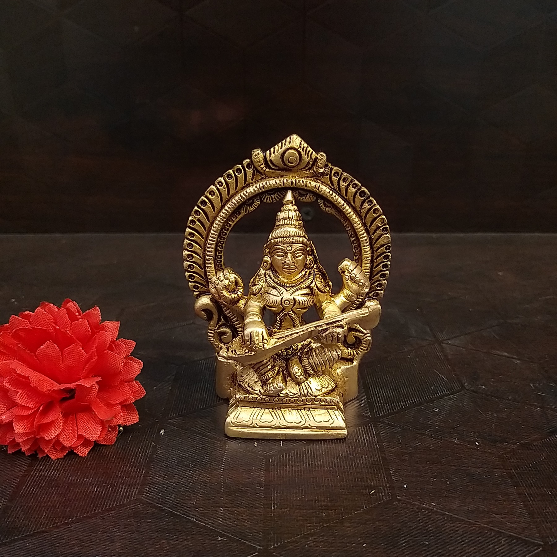 brass-saraswath-small-with-arch-pooja-items-hindu-god-home-decor-gift-buy-online-coimbatore-6075 Brass Saraswathi Idol small with arch- 3" - Image 1