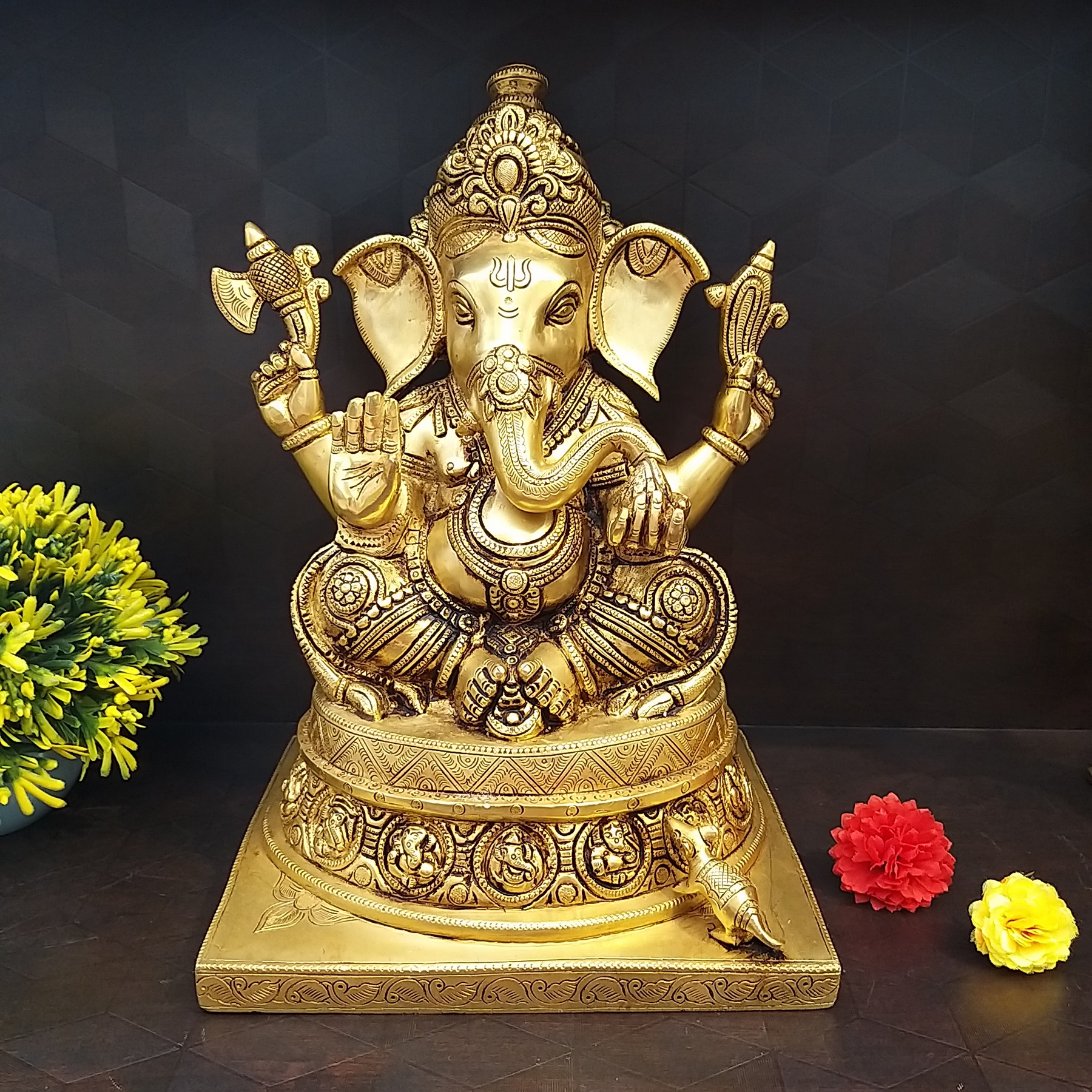 brass-ganesha-big-with-small-ganesha-design-idol-home-decor-pooja-items-hindu-god-statues-gift-buy-online-coimbatore-10076 Brass Ganesha With Small Ganesha Design Base Statue- 13" - Image 1