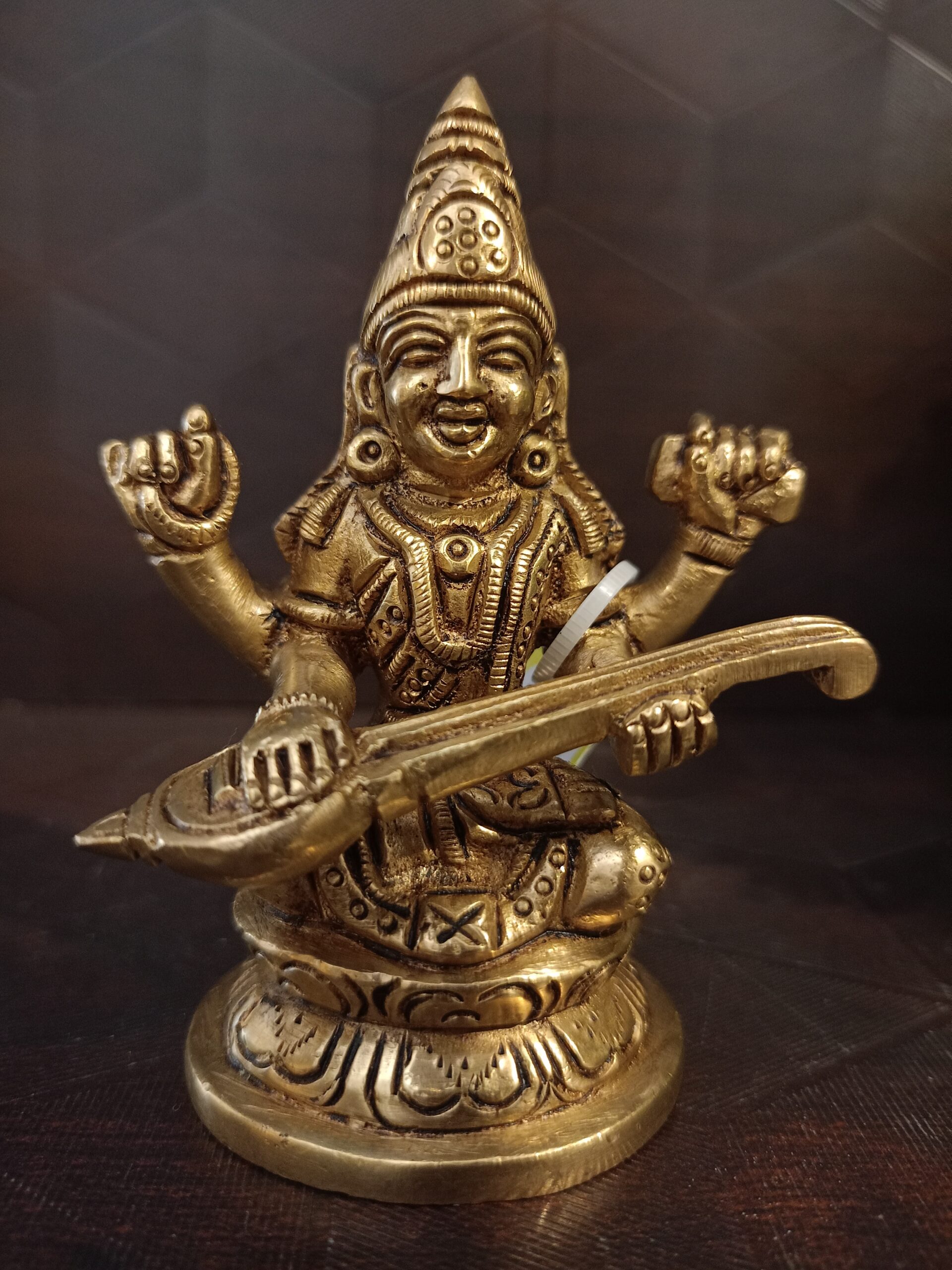 Brass Saraswathi Statue on Round Base 3.5" 1 Brass Saraswathi Statue on Round Base 3.5" - Image 1