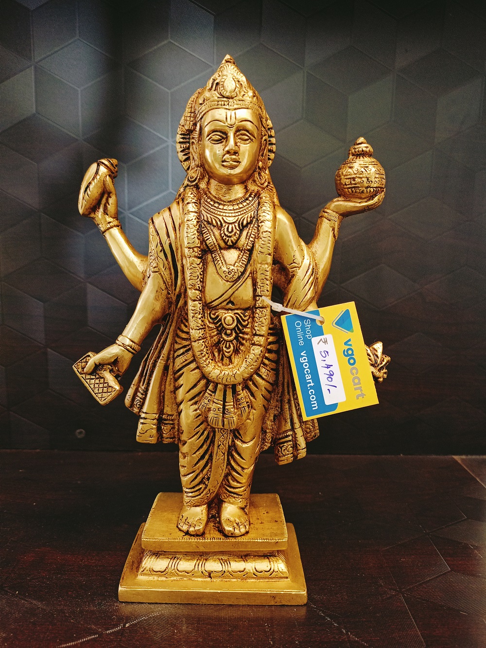 brass-dhanvantri-hindu-god-idol-ba113034 Brass Lord Dhanvantri | God Of Medicine Dhanvantri On Square Base Statue 10'' - Image 1
