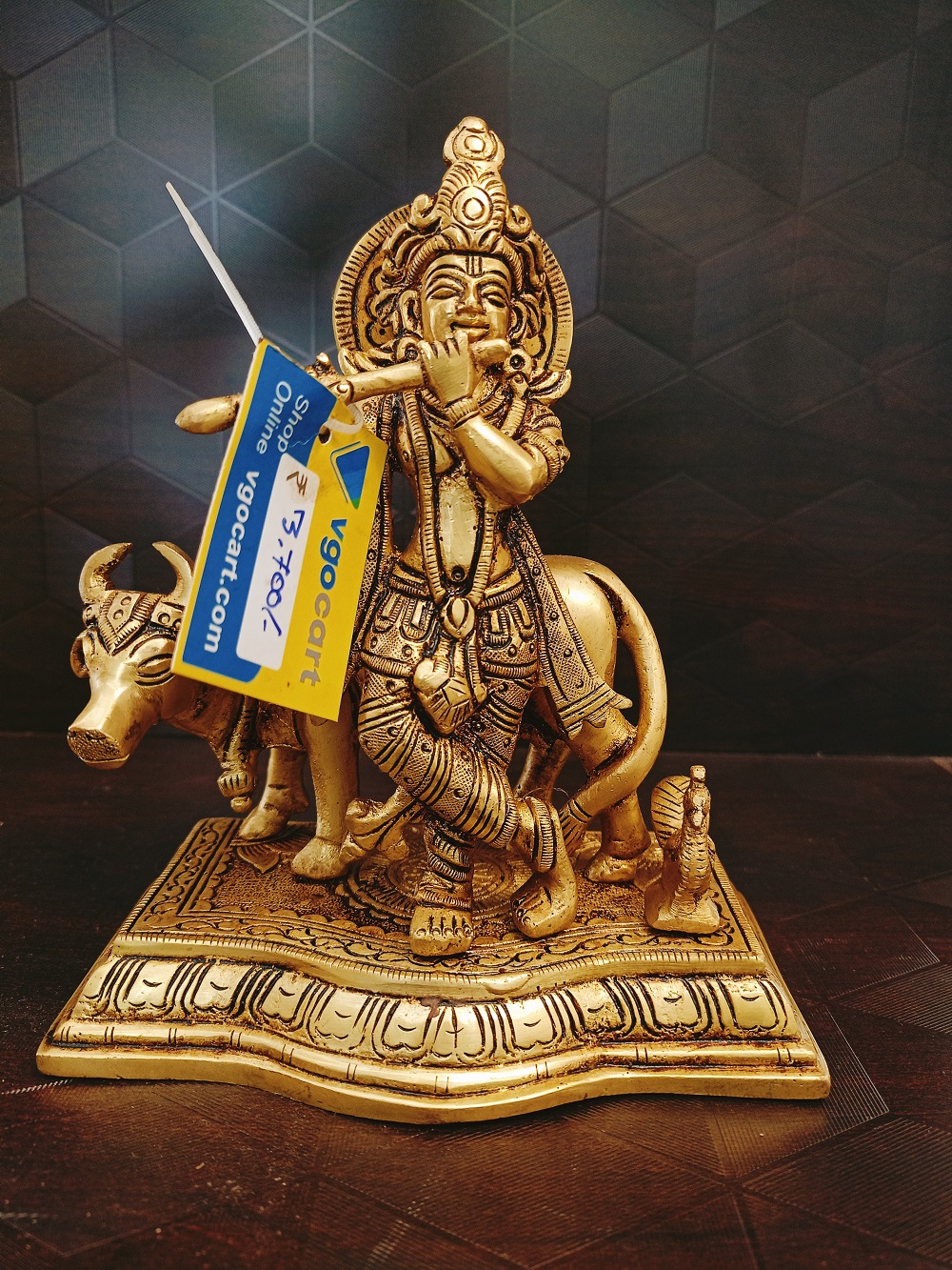 brass-krishna-with-cow-well-designed-base-BA113027-- Brass Krishna With Cow And Well Designed Base 7'' - Image 1