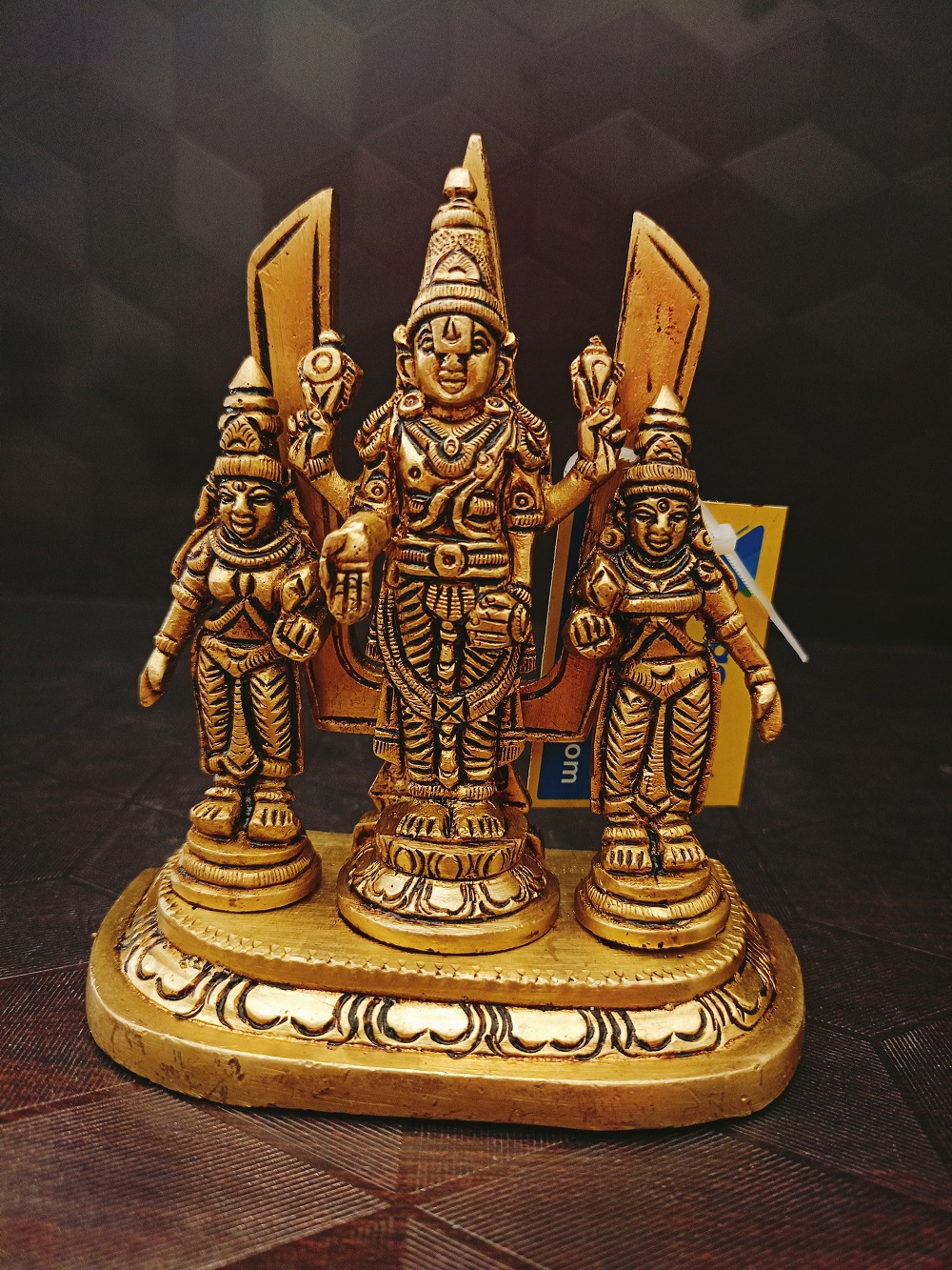 brass-perumal-with-sridevi-bhudevi-and-namam-ba113038 Brass Lord Perumal With Sridevi Bhudevi And Namam Statue 5'' - Image 1