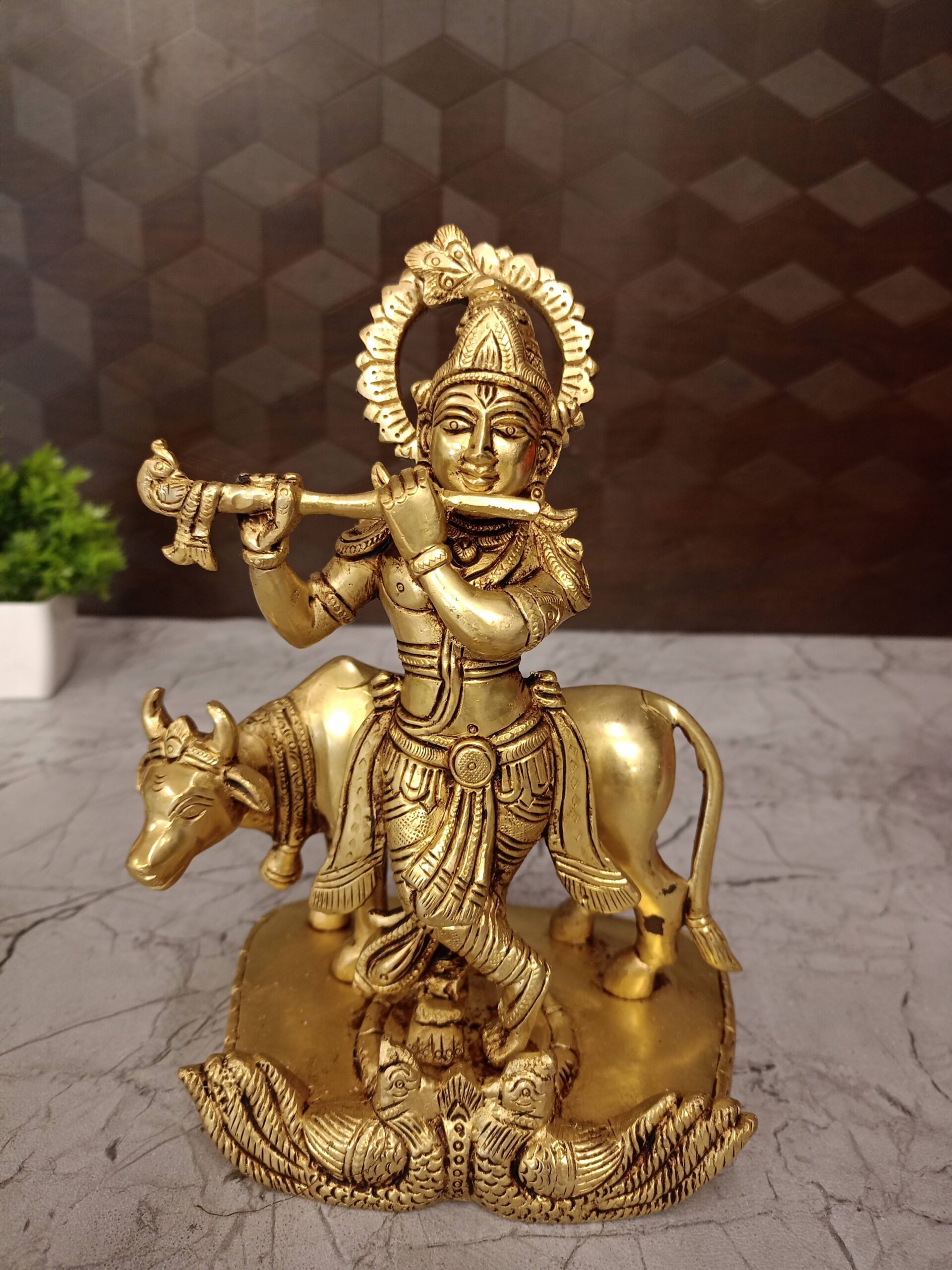 oplus_32 Brass Krishna With Cow Idol- 8" - Image 1