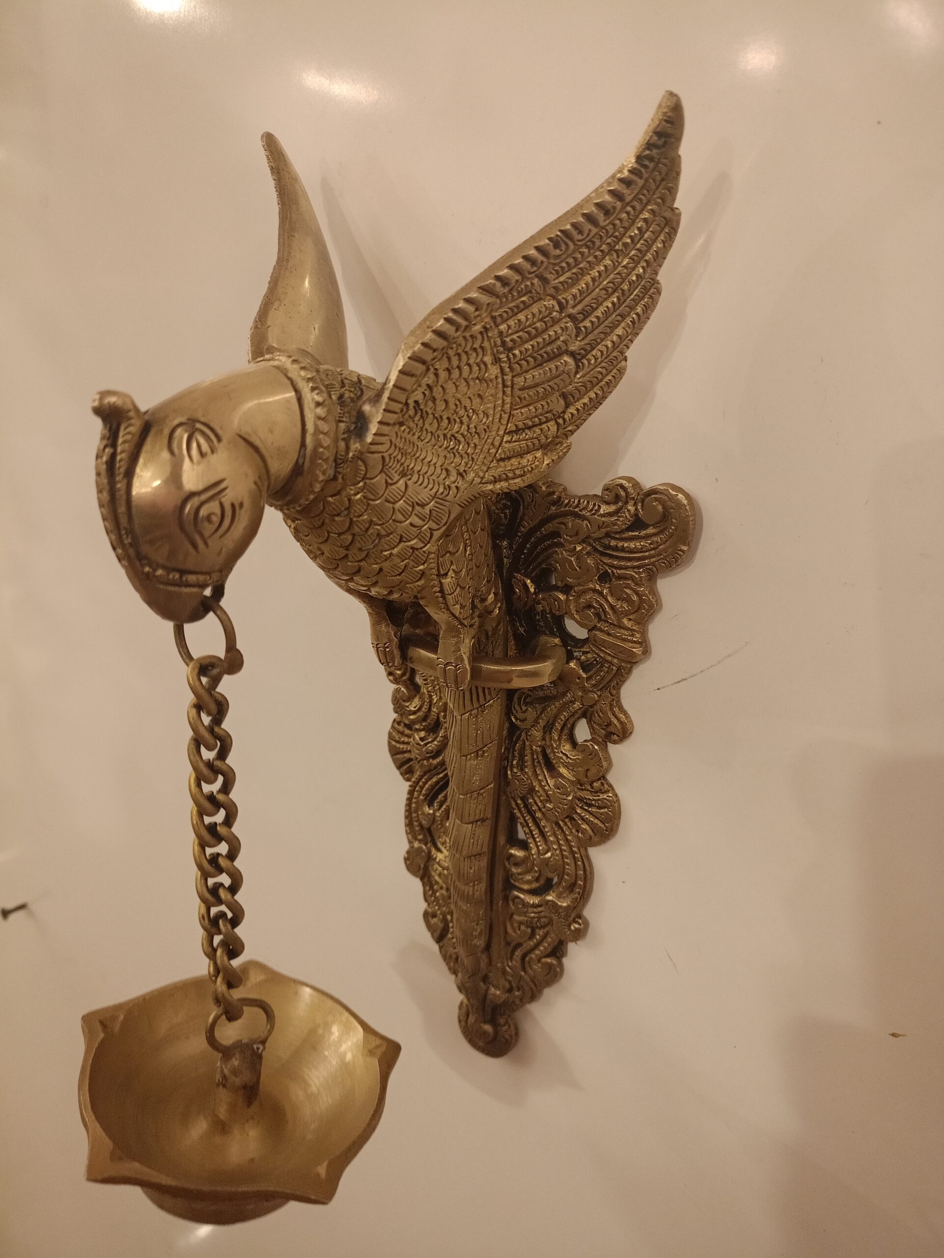 Brass Wall Mount Parrot Holding Diya 10" 1 Brass Wall Mount Parrot Holding Diya