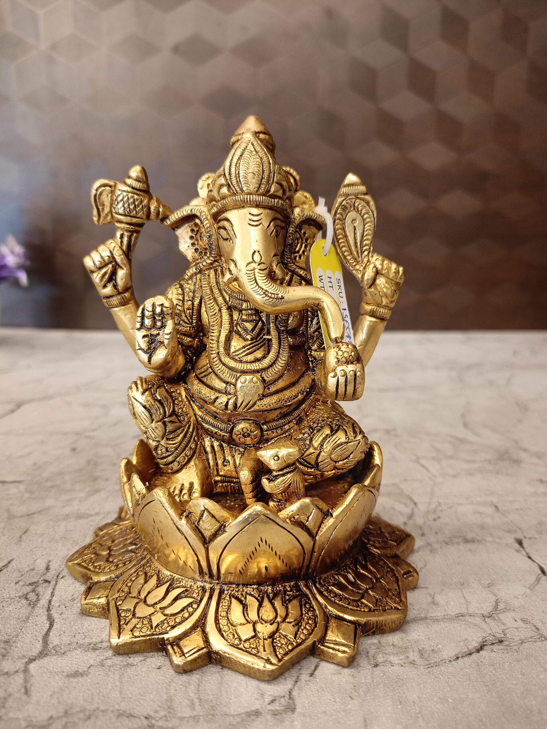 oplus_32 Brass Ganesha Statue Sitting On Lotus Base 5.5" - Image 1