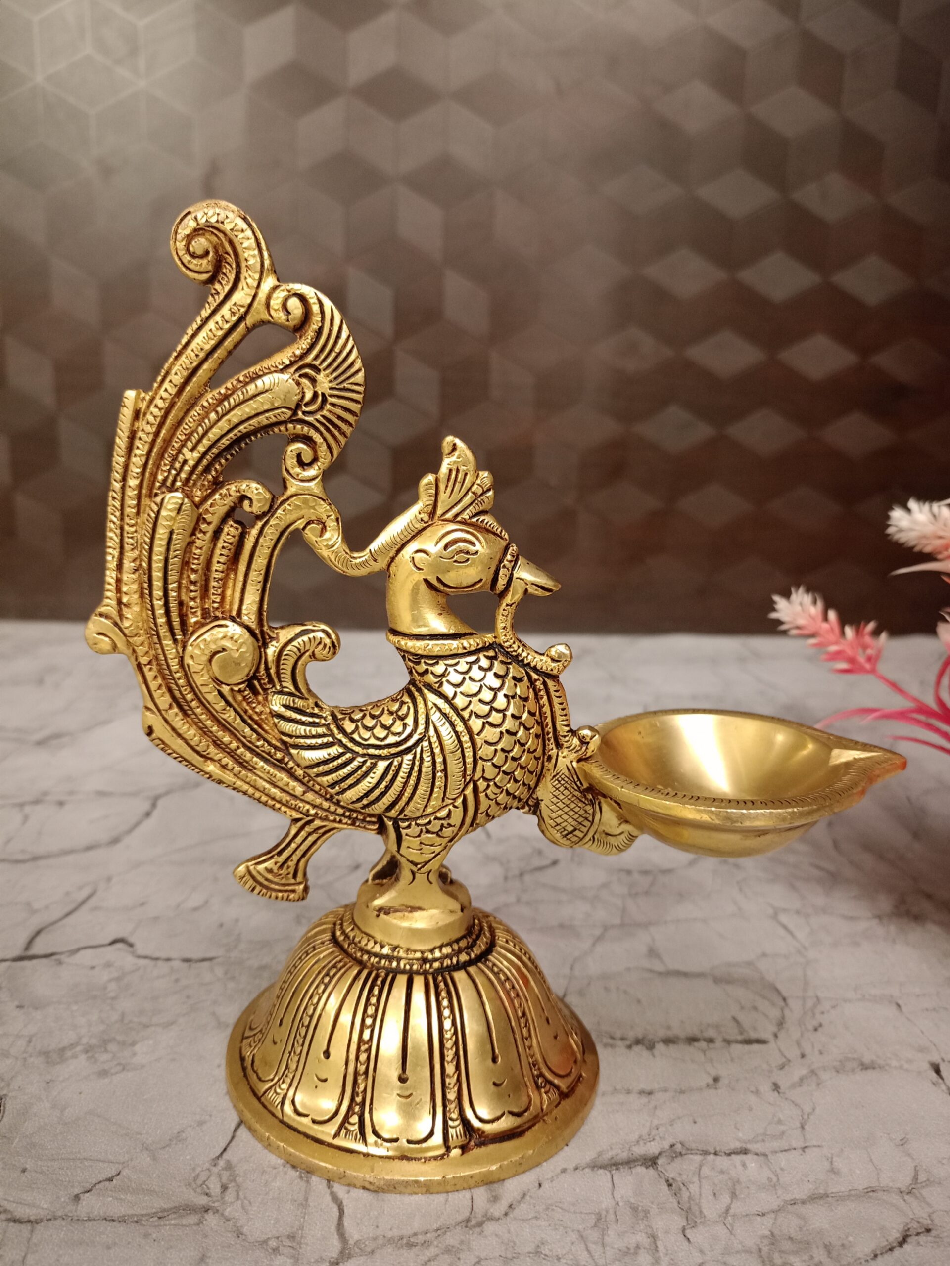 oplus_32 Brass Peacock With Diya 7.5" - Image 1