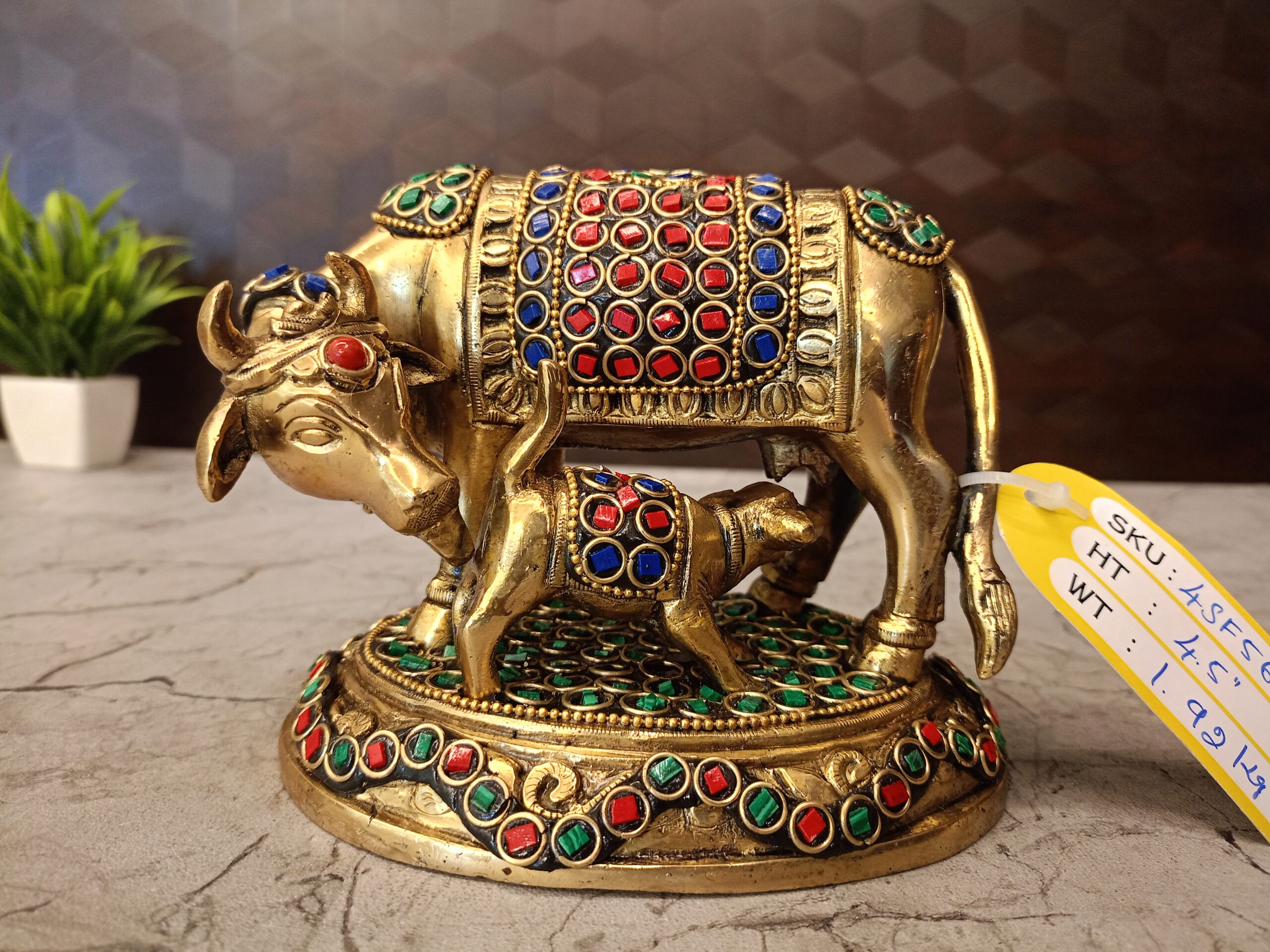 oplus_0 Brass Stone Cow And Calf Statue 4.5" - Image 1