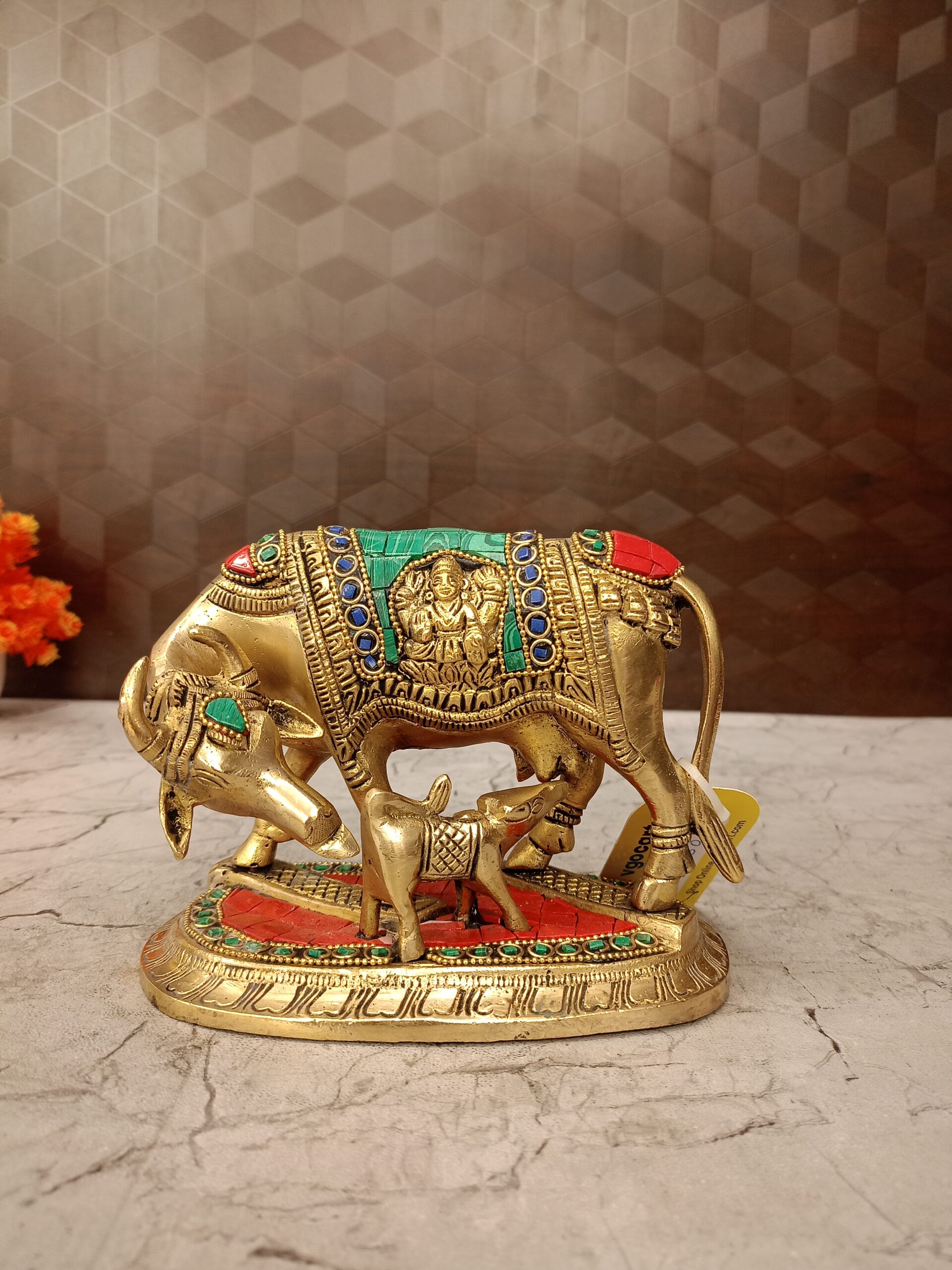 Brass Stone Cow And Calf Statue 5" 1 brass stone cow and calf