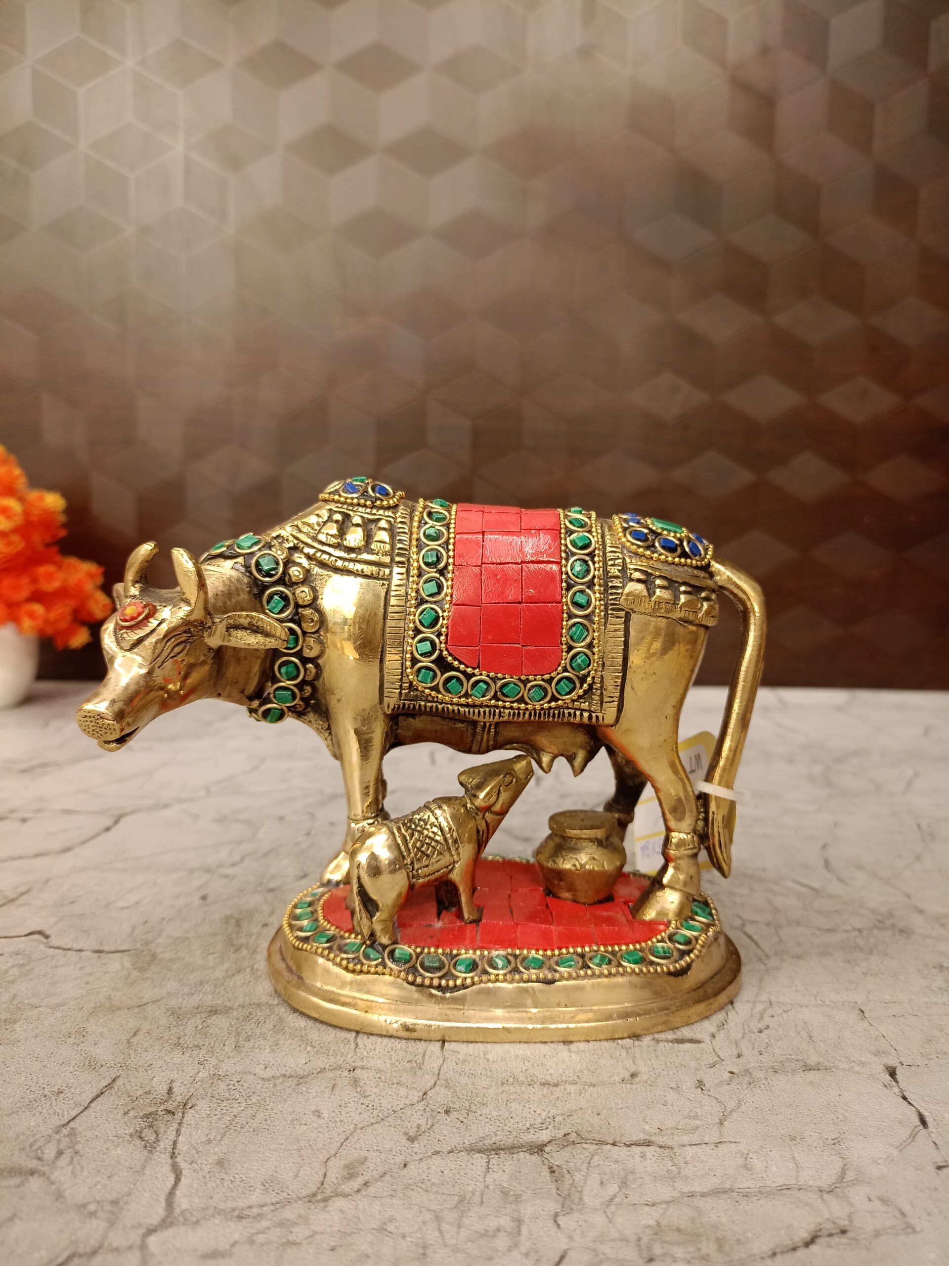 Brass Gomatha Stone finish Green and Red Color 5.5" 1 brass-cow-and-calf