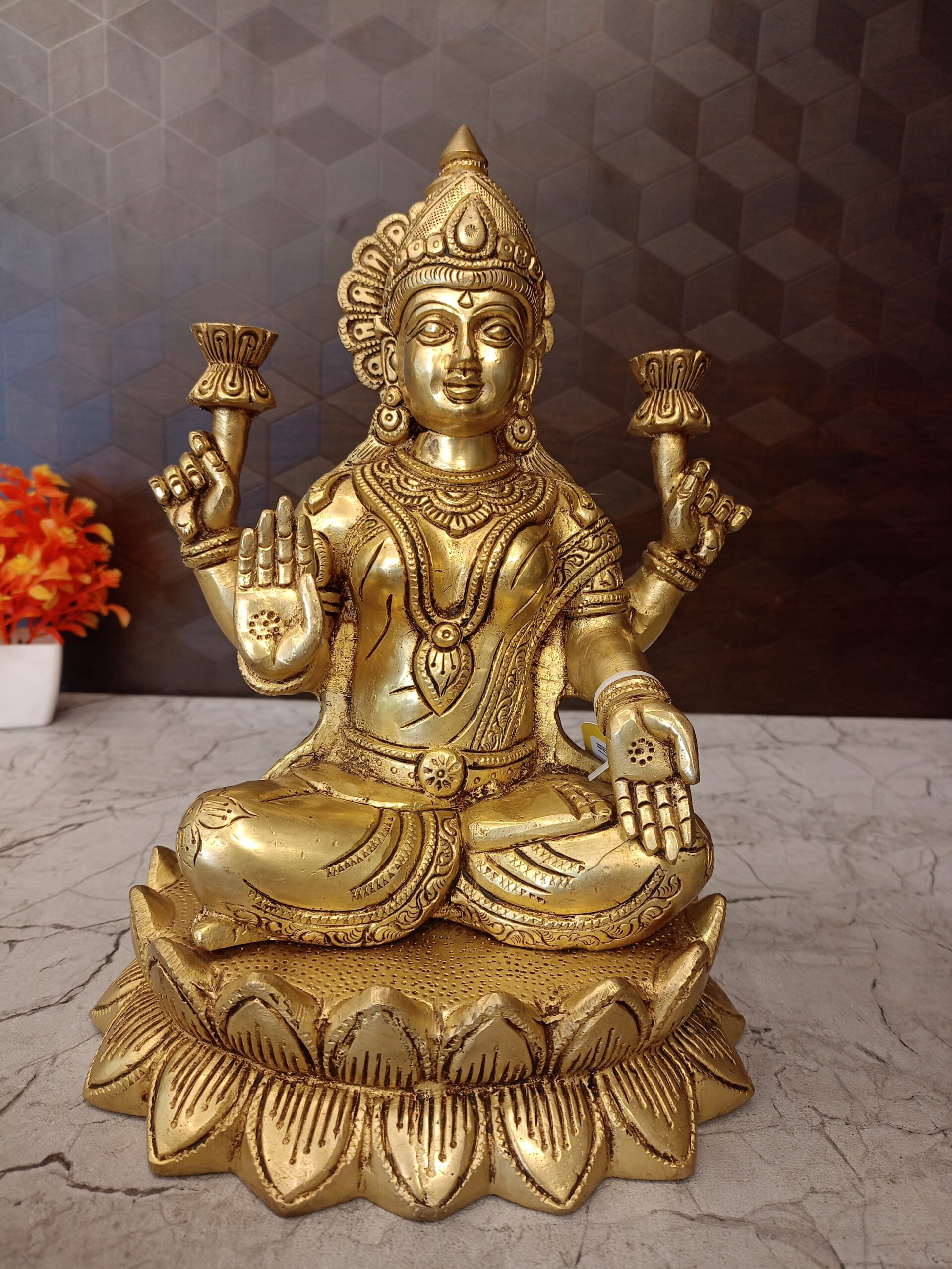 oplus_32 Brass Lakshmi Sitting On Lotus Base 11" - Image 1