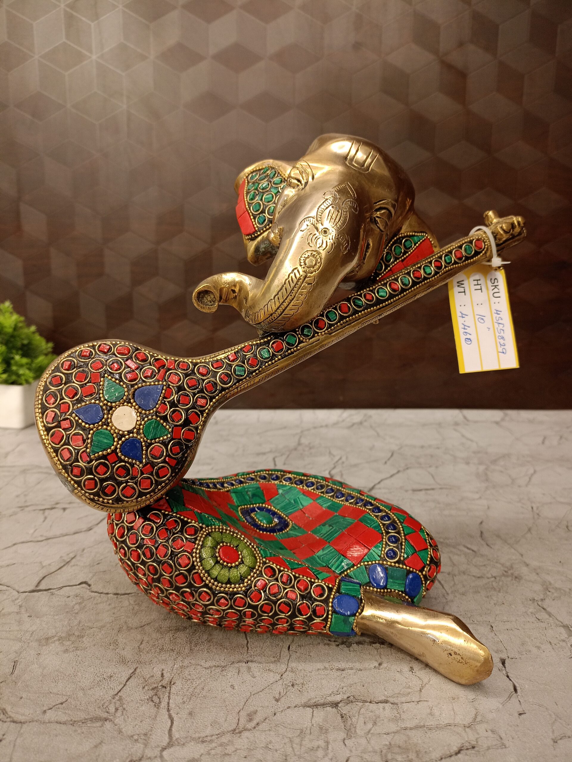 Brass Stone Finish Modern Ganesha Idol With Veena 10'' 1 brass-stone-morden-ganesha