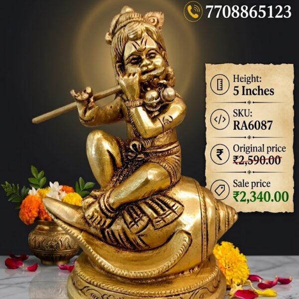 Brass Sangu Krishna Idol 5 Inch