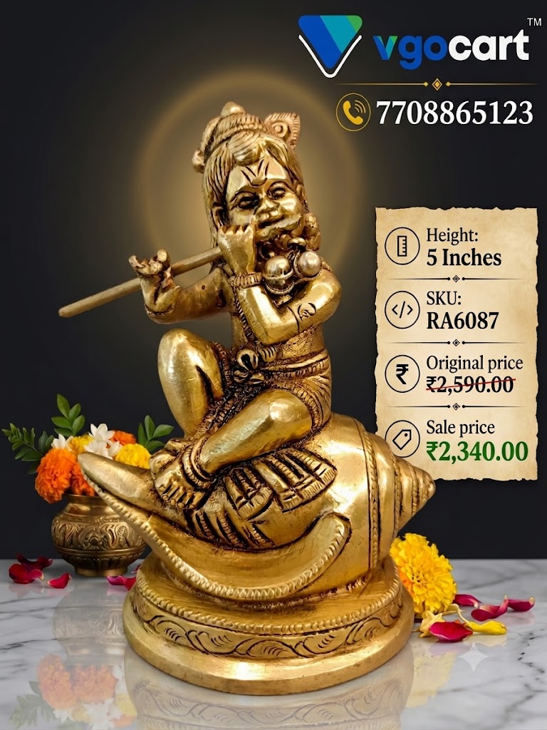Brass Sangu Krishna Idol 5 Inch Brass Sangu Krishna Idol 5 Inch